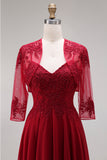 Velvet Burgundy A-Line Appliqued Long Mother of the Bride Dress with Beading