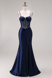 Satin Navy Mermaid Ruched Corset Lace-Up Back Long Prom Dress with Beading