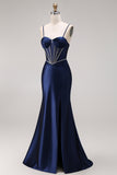 Satin Navy Mermaid Ruched Corset Lace-Up Back Long Prom Dress with Beading