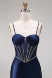Satin Navy Mermaid Ruched Corset Lace-Up Back Long Prom Dress with Beading