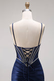 Satin Navy Mermaid Ruched Corset Lace-Up Back Long Prom Dress with Beading