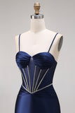 Satin Navy Mermaid Ruched Corset Lace-Up Back Long Prom Dress with Beading