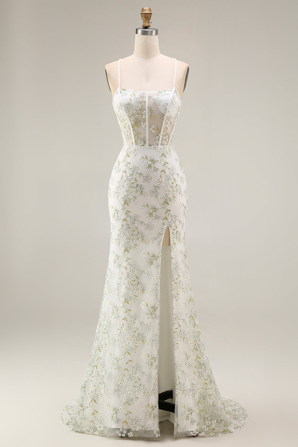ZAPAKA Women White Green Flower Mermaid Prom Dress Sheer Corset Lace-Up Back Embroidered Spaghetti Straps Long Formal Dress with Slit ZAPAKA Women White Green Flower Mermaid Prom Dress Sheer Corset Lace-Up Back Embroidered Spaghetti Straps Long Formal Dress with Slit