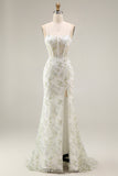 White Green Flower Sheer Corset Mermaid Embroidered Long Prom Dress with Slit