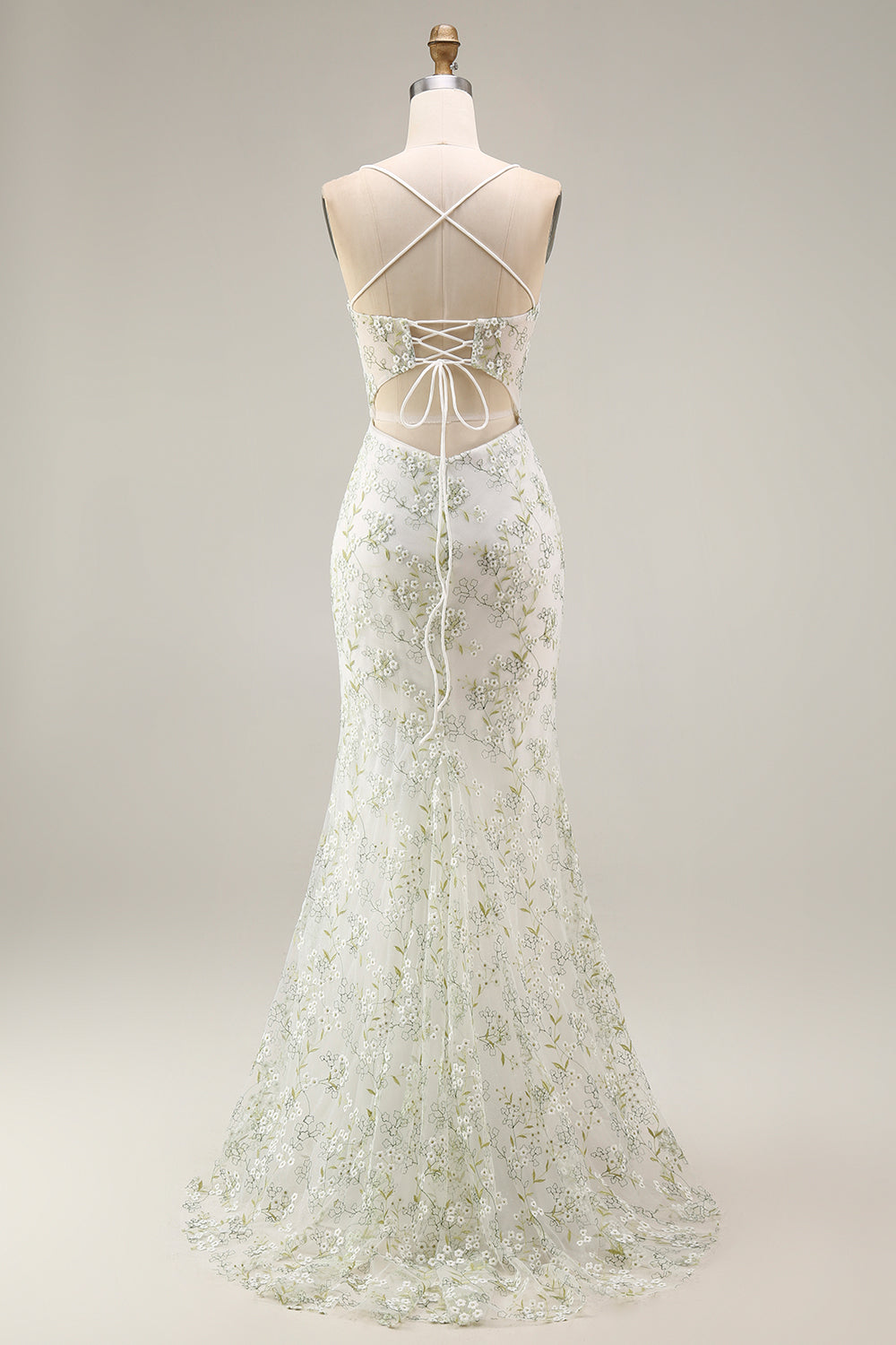 flower sheer dress ZAPAKA Women White Green Flower Mermaid Prom Dress Sheer Corset Lace-Up Back Embroidered Spaghetti Straps Long Formal Dress with Slit, White Green