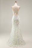 White Green Flower Sheer Corset Mermaid Embroidered Long Prom Dress with Slit