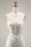 White Green Flower Sheer Corset Mermaid Embroidered Long Prom Dress with Slit