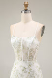 White Green Flower Sheer Corset Mermaid Embroidered Long Prom Dress with Slit
