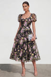 A Line Midi Multi Floral Dress with Puff Sleeves