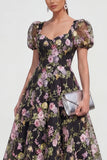 A Line Midi Multi Floral Dress with Puff Sleeves