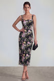 Sheath Square Neck Midi Multi Floral Dress with Lace Up Back