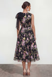 A Line Printed Bowed Midi Multi Floral Dress with Pockets