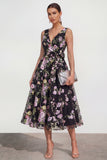 Black V-Neck Midi A Line Floral Dress with Bow
