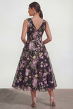 Black V-Neck Midi A Line Floral Dress with Bow