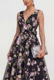 Black V-Neck Midi A Line Floral Dress with Bow