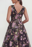 Black V-Neck Midi A Line Floral Dress with Bow
