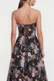 Strapless A Line Black Pink Flower Midi Dress with Pockets