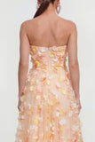 Champagne Strapless A Line Midi Dress with 3D Flowers