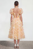 Champagne A Line Puff Sleeves Lace Up Back Floral Dress with 3D Flowers