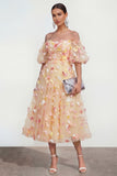 Off The Shoulder Champagne A Line 3D Flowers Midi Floral Dress with Appliques