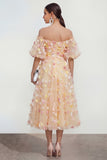 Off The Shoulder Champagne A Line 3D Flowers Midi Floral Dress with Appliques