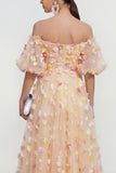 Off The Shoulder Champagne A Line 3D Flowers Midi Floral Dress with Appliques
