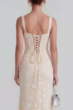 Lilac Sheath Sheer Corset Square Neck Midi Floral Dress with Lace Up Back