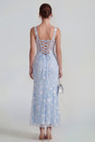 Lilac Sheath Sheer Corset Square Neck Midi Floral Dress with Lace Up Back