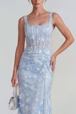 Lilac Sheath Sheer Corset Square Neck Midi Floral Dress with Lace Up Back