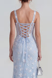 Lilac Sheath Sheer Corset Square Neck Midi Floral Dress with Lace Up Back