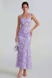 Lilac Sheath Sheer Corset Square Neck Midi Floral Dress with Lace Up Back