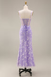 Lilac Sheath Sheer Corset Square Neck Midi Floral Dress with Lace Up Back