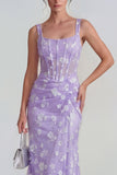 Lilac Sheath Sheer Corset Square Neck Midi Floral Dress with Lace Up Back