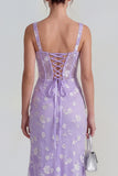 Lilac Sheath Sheer Corset Square Neck Midi Floral Dress with Lace Up Back