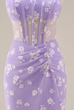 Lilac Sheath Sheer Corset Square Neck Midi Floral Dress with Lace Up Back