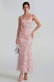 Lilac Sheath Sheer Corset Square Neck Midi Floral Dress with Lace Up Back