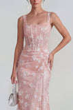 Lilac Sheath Sheer Corset Square Neck Midi Floral Dress with Lace Up Back
