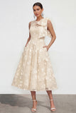 Pink Floral A-Line Bowed Round Neck Midi Dress with Pockets