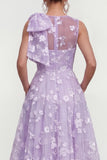 Pink Floral A-Line Bowed Round Neck Midi Dress with Pockets