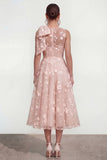 Pink Floral A-Line Bowed Round Neck Midi Dress with Pockets