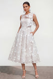 Pink Floral A-Line Bowed Round Neck Midi Dress with Pockets