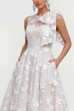 Pink Floral A-Line Bowed Round Neck Midi Dress with Pockets
