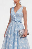 Lilac A-Line V-Neck Midi Floral Dress with Bow