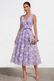 Lilac A-Line V-Neck Midi Floral Dress with Bow