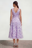 Lilac A-Line V-Neck Midi Floral Dress with Bow