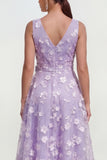 Lilac A-Line V-Neck Midi Floral Dress with Bow