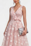 Lilac A-Line V-Neck Midi Floral Dress with Bow