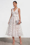 Lilac A-Line V-Neck Midi Floral Dress with Bow