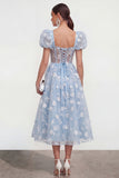 Blue Floral A-Line Lace Up Back Midi Dress with Puff Sleeves