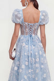 Blue Floral A-Line Lace Up Back Midi Dress with Puff Sleeves